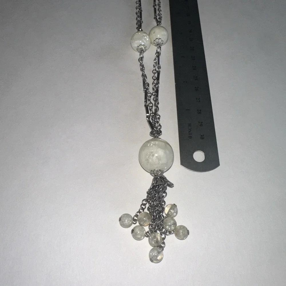Tassel Pendant Necklace Womens OS Silver Clear Faux Pearl Crackle Glass